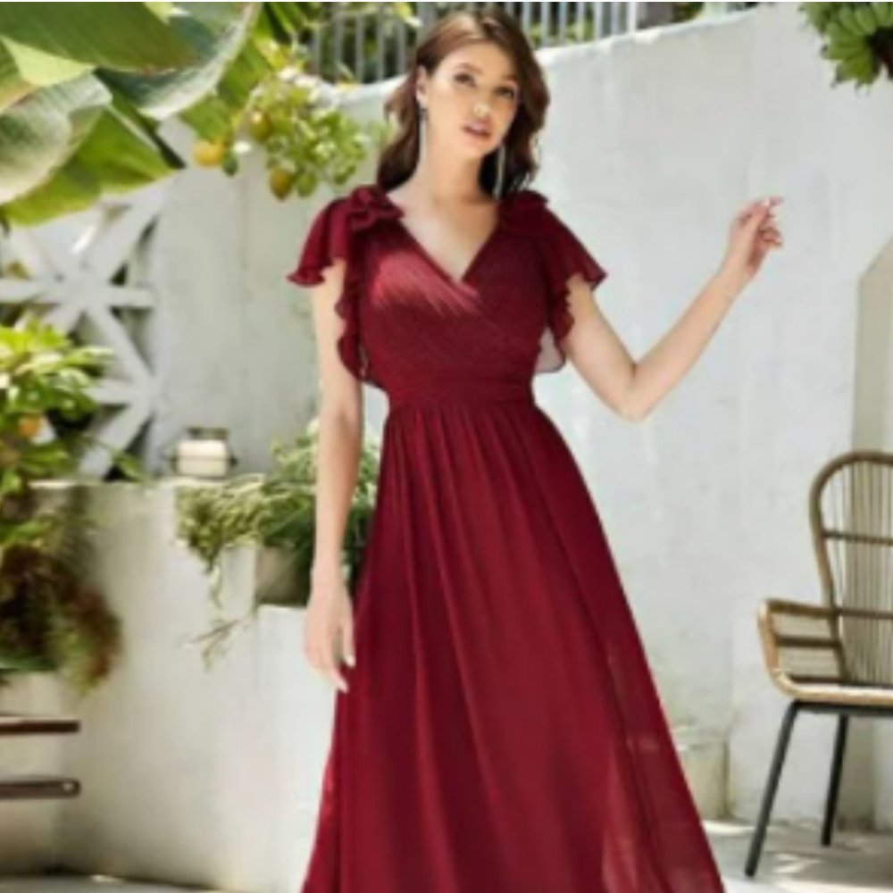 Evening Dress/Bridesmaid Dress - Chiffon, Maroon, Floor-Length, Ruffle Sleeve